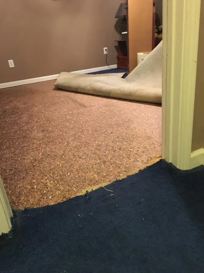 Carpet pad removal revealing water damage during Drying & Dehumidification in West Point